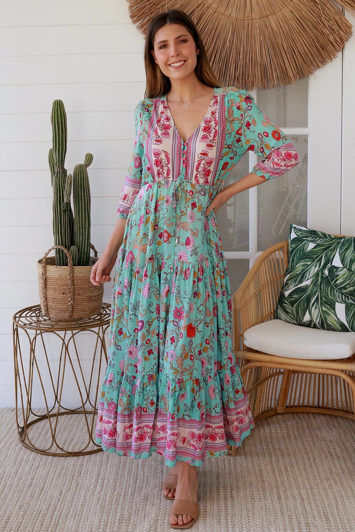 Elliana Maxi Dress - Pink Aqua Print