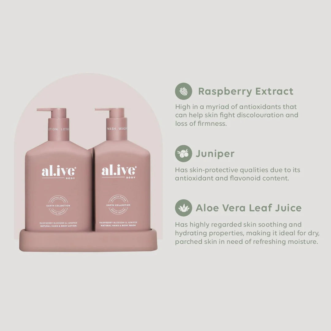 The al.ive body Raspberry Blossom & Juniper Hand & Body Wash/Lotion Duo contains a luxurious blend of naturally derived ingredients, fortified with essential oils and native botanical extracts.