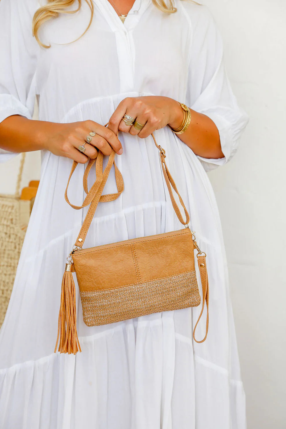 2 Tone Woven Clutch - Camel