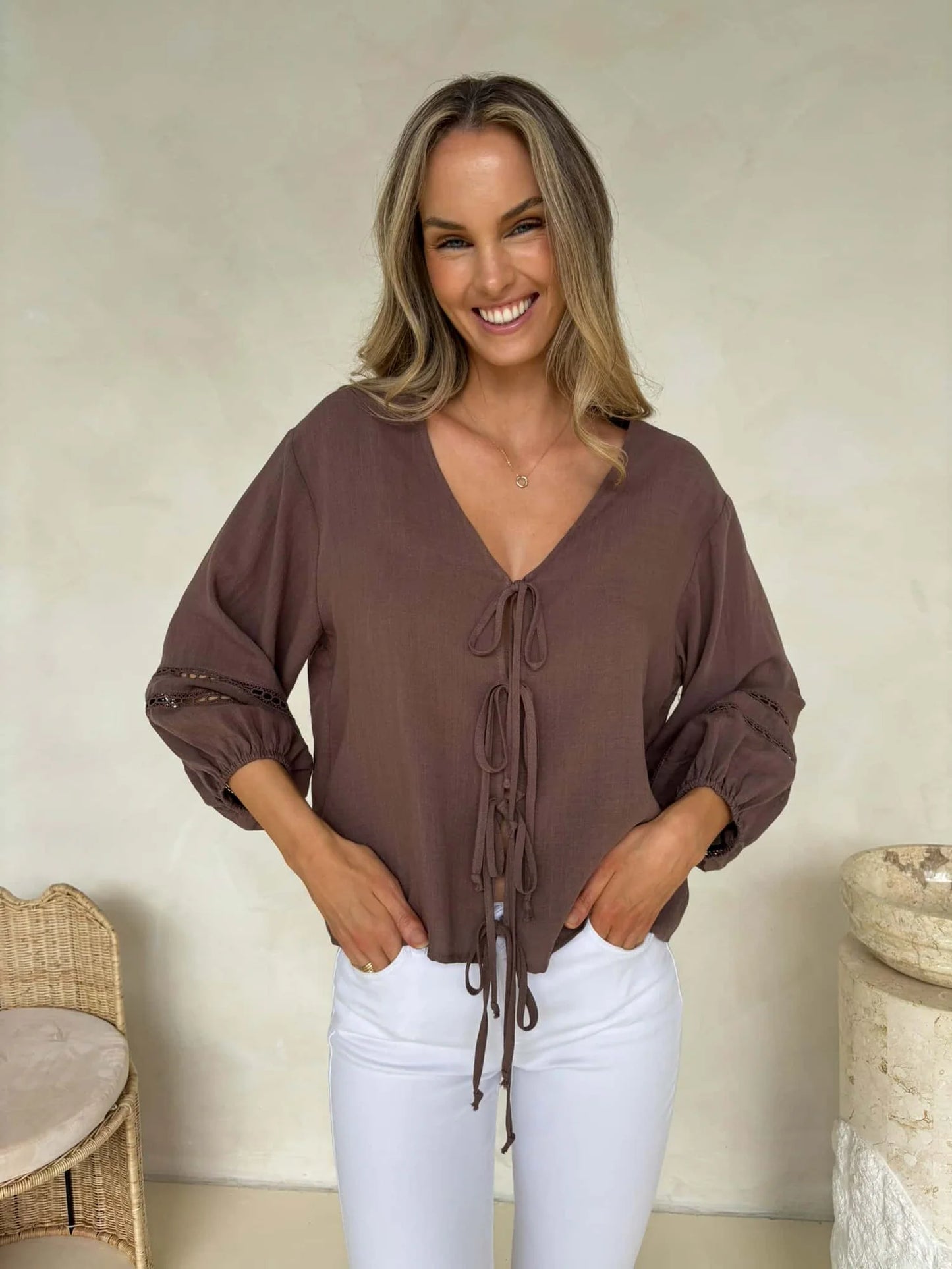 Juliet Tie Top Blouse - Brown