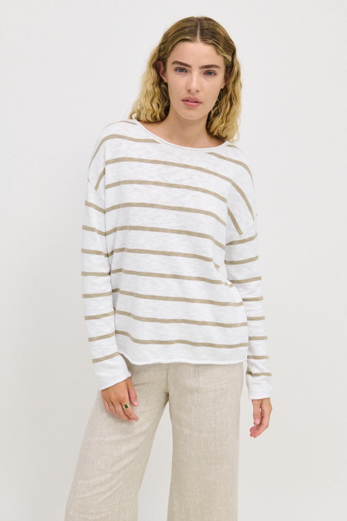 Willow Cotton Knit Top - Khaki Tan Stripe