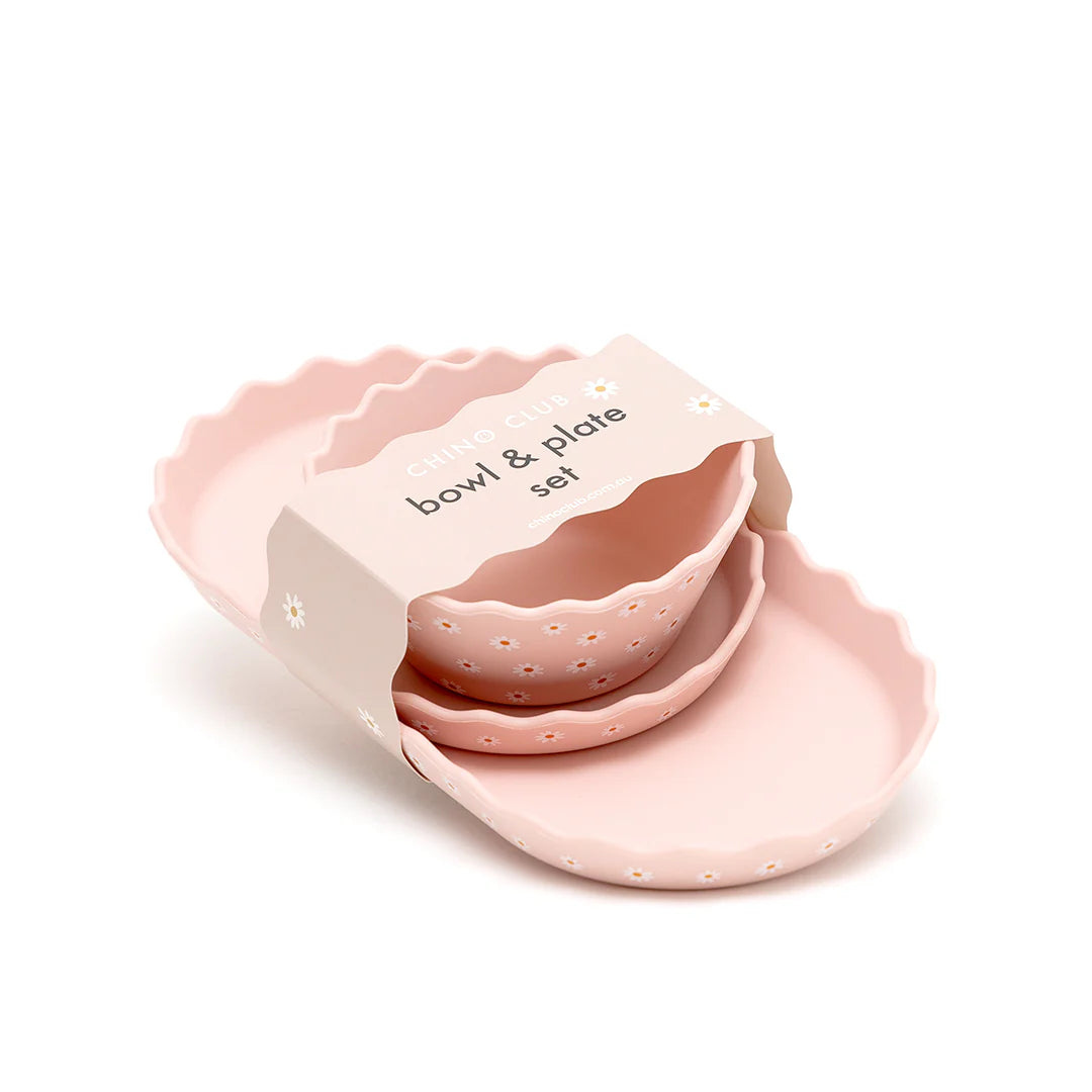 Wavy Edge Silicone Bowl and Plate Set - Pink Daisy