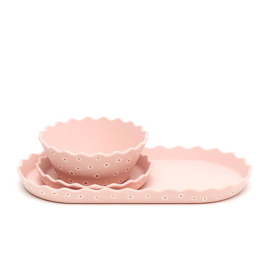 Wavy Edge Silicone Bowl and Plate Set - Pink Daisy