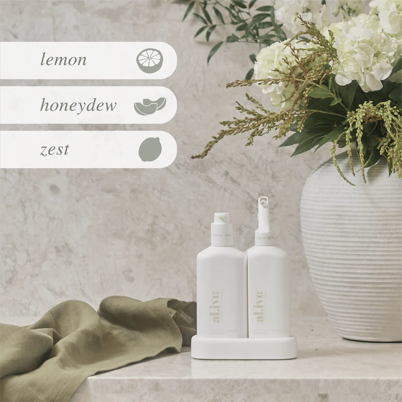 Clean up in style with our Bench Spray & Dishwashing Liquid - Kitchen Duo Honeydew. This Australian-made set features 300ml of refreshing Lemon Myrtle & Honeydew dishwashing liquid and hand wash, plus a matching tray. With all-natural botanical extracts and essential oils, it's palm oil free and cruelty-free. Vegan and effective - no compromises!