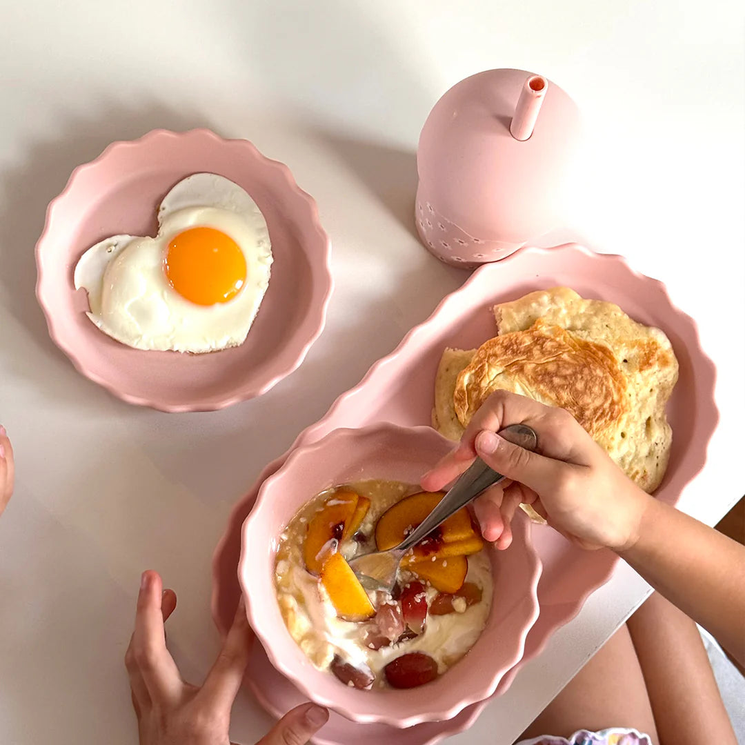 Wavy Edge Silicone Bowl and Plate Set - Pink Daisy