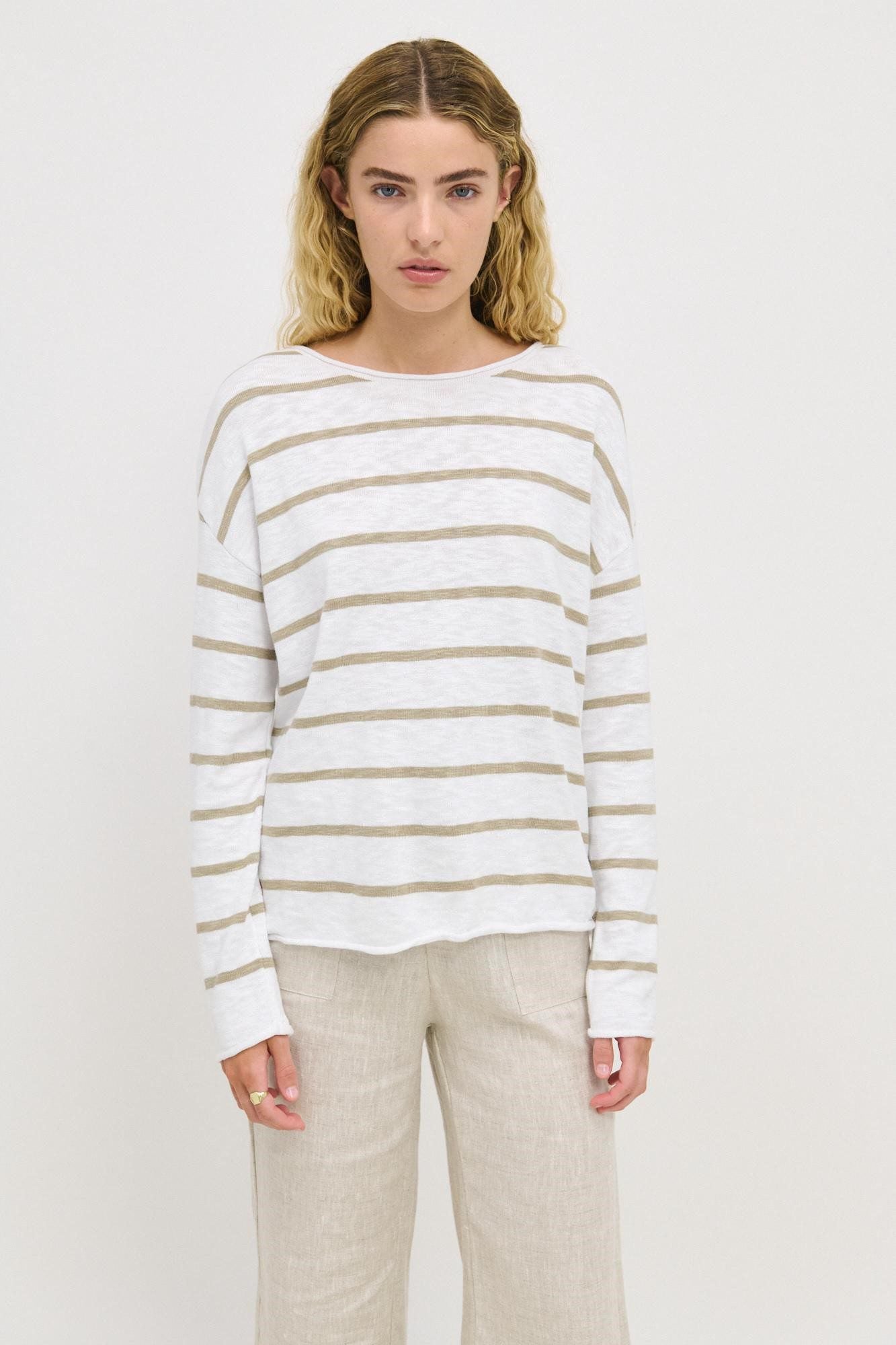 Willow Cotton Knit Top - Khaki Tan Stripe
