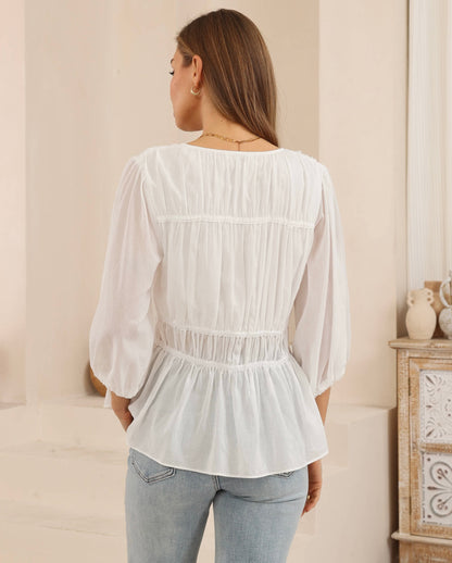 Makoda Boutique  Iris Maxi Ribbed 3/4 sleeve White Blouse