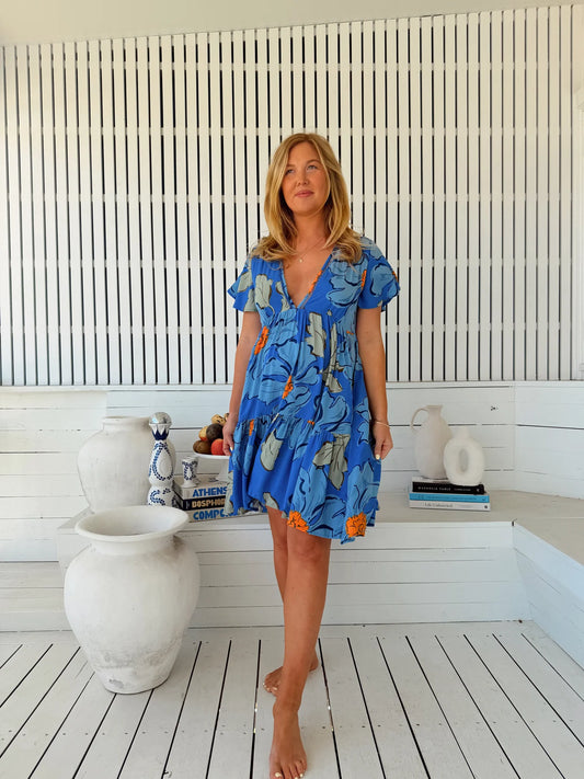 Rhys Mini Dress - Blue Bell Print