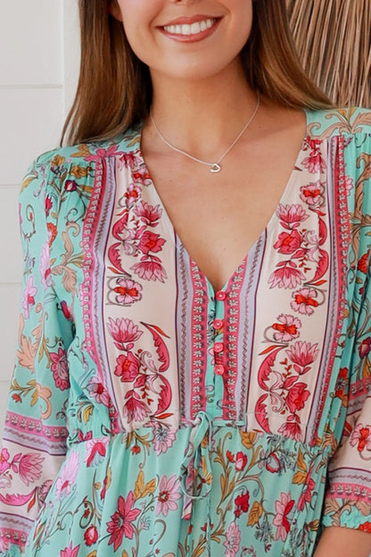 Elliana Maxi Dress - Pink Aqua Print