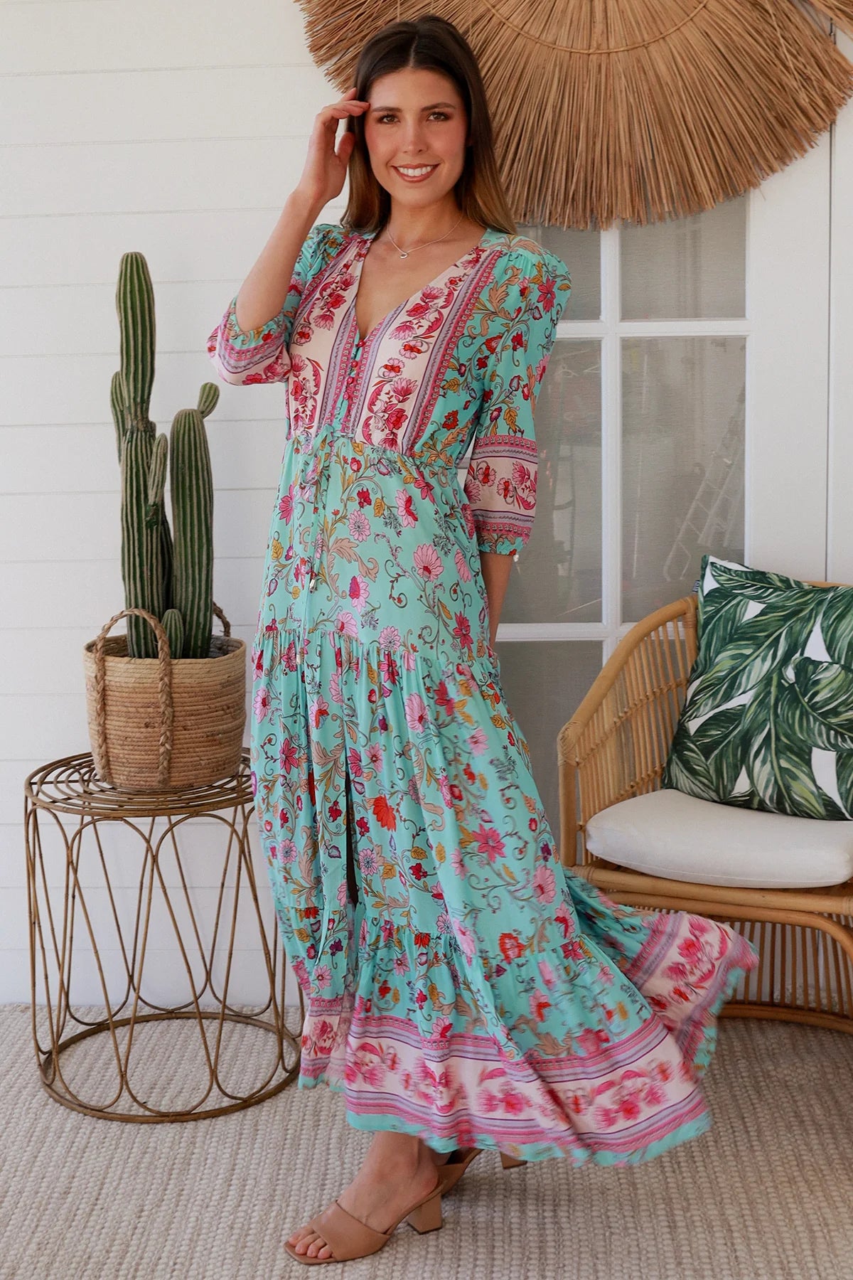 Elliana Maxi Dress - Pink Aqua Print