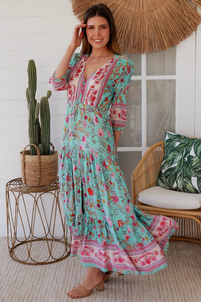 Elliana Maxi Dress - Pink Aqua Print
