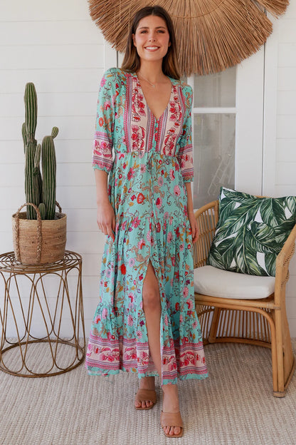 Elliana Maxi Dress - Pink Aqua Print