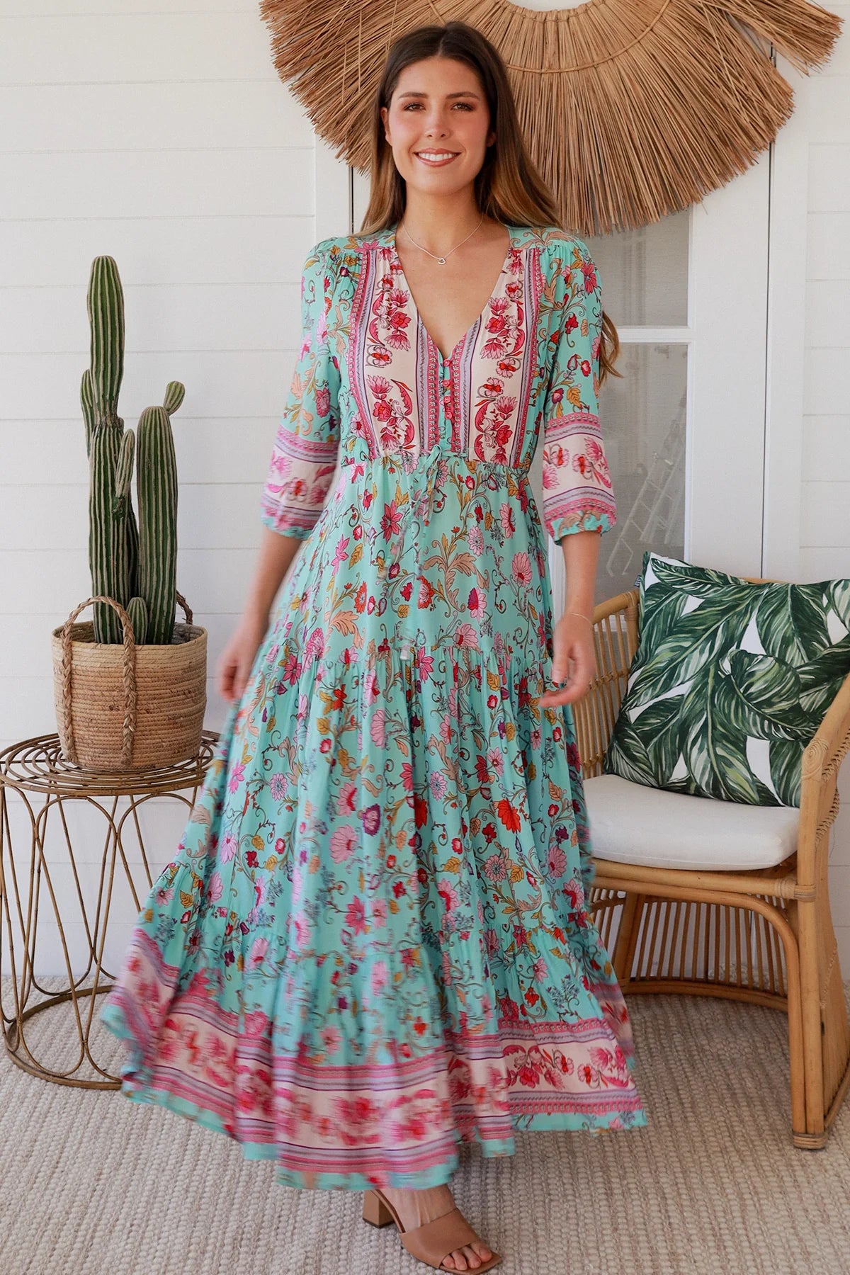 Elliana Maxi Dress - Pink Aqua Print