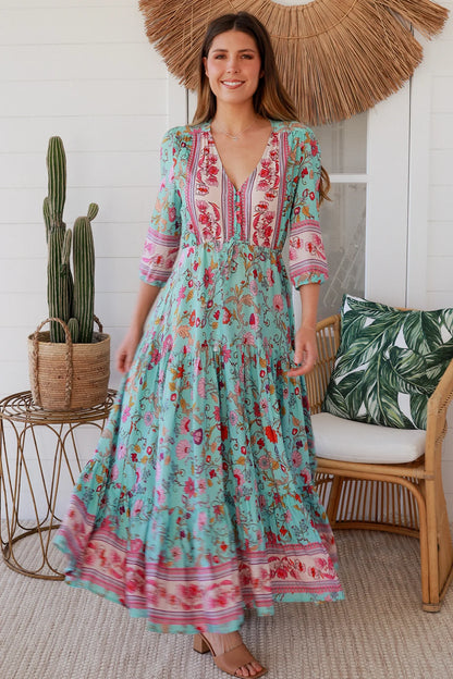 Elliana Maxi Dress - Pink Aqua Print