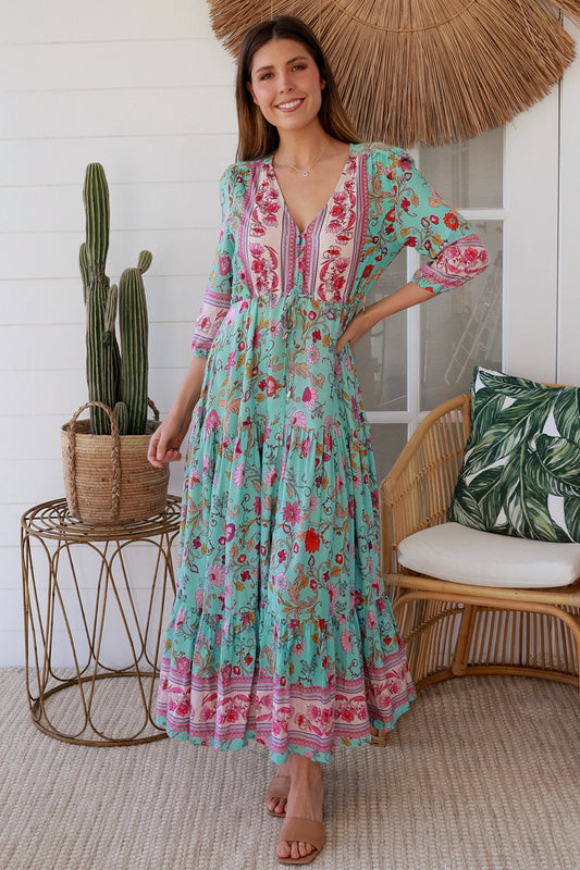 Elliana Maxi Dress - Pink Aqua Print