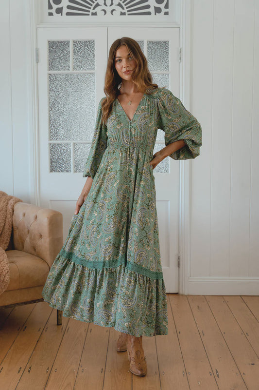 Carmen Long sleeve Maxi - Sagewood print