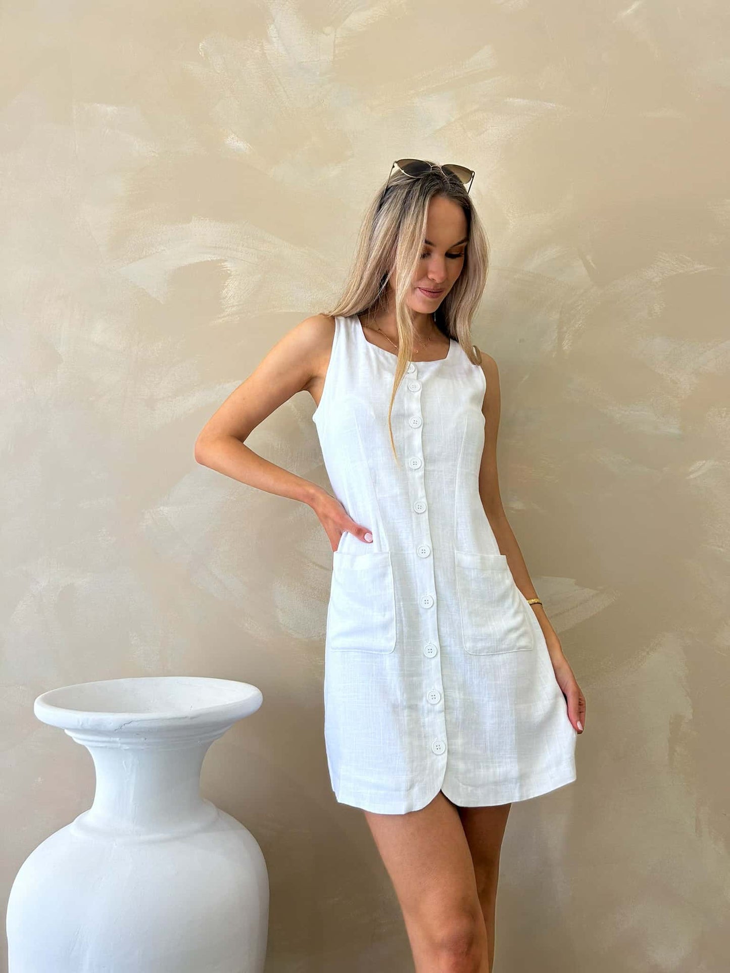 Vienna Button Mini Dress - White