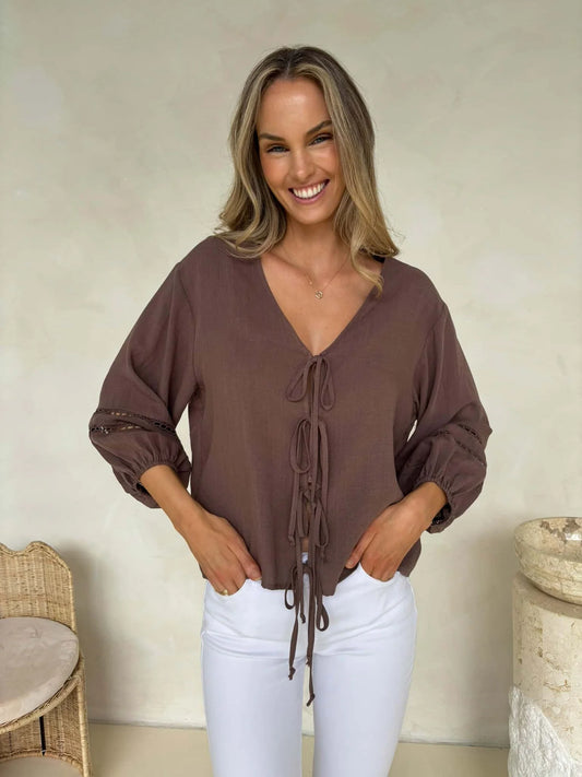 Juliet Tie Top Blouse - Brown