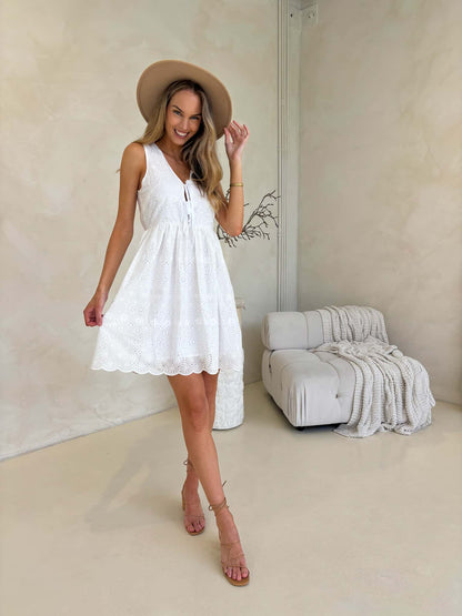 Aysha Mini Dress - White Lace Anglaise