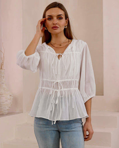 Makoda Boutique  Iris Maxi Ribbed 3/4 sleeve White Blouse