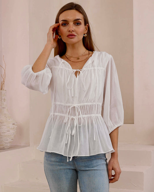 Makoda Boutique  Iris Maxi Ribbed 3/4 sleeve White Blouse