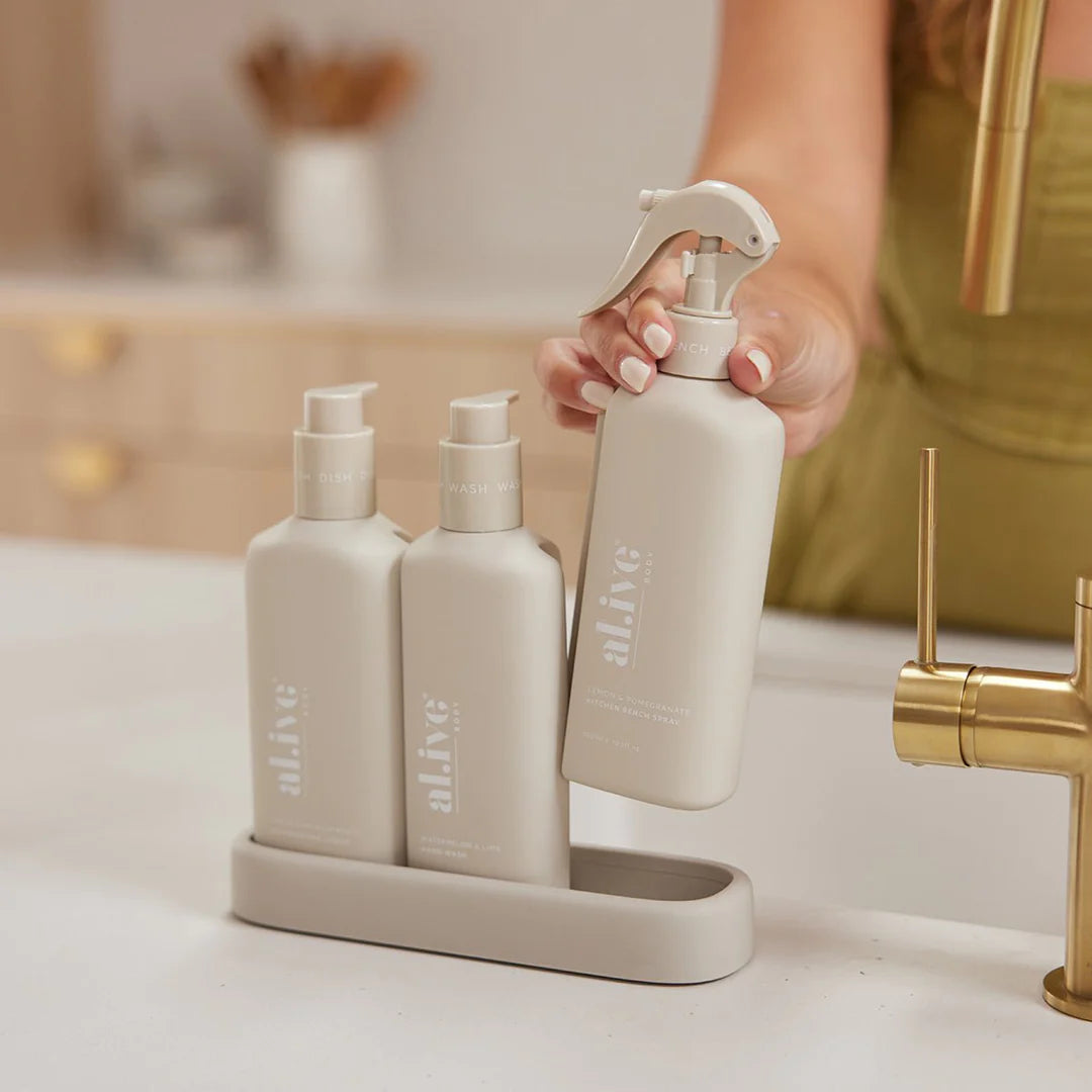The al.ive body Dishwashing Liquid, Hand Wash & Bench Spray + Tray Premium Kitchen Trio is a beautiful yet practical product,  elegantly packaged to elevate your countertop.