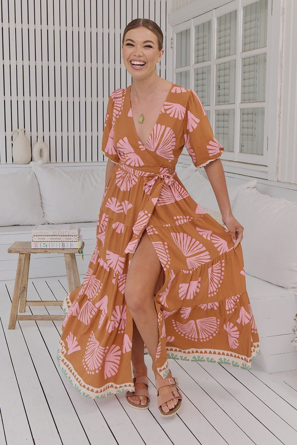 Introducing the Maddi Wrap Dress, a boho dream come true. This maxi dress embodies effortless elegance with its flattering V-neckline, wrap front and tie closure, and mid-length sleeves. Its full-length design effortlessly flows, making it the perfect choice for a chic and carefree look.