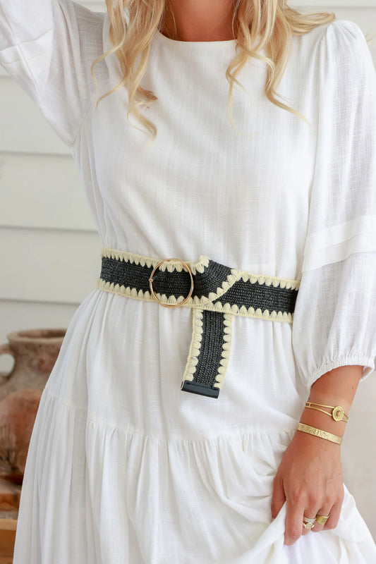 This unique Woven Scalloped Edge Belt features gold buckle and playful cane detailing. Its adjustable, stretchable material makes it a versatile accessory for any outfit. Don't settle for boring belts, add a touch of quirk with this one! (Size adjustable too!)