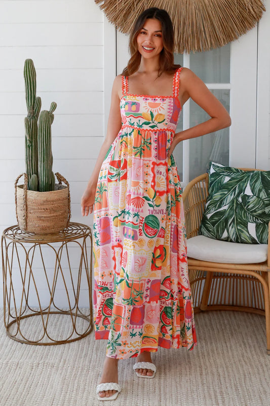 Ruby Ric Rac Maxi Dress - Summer Print