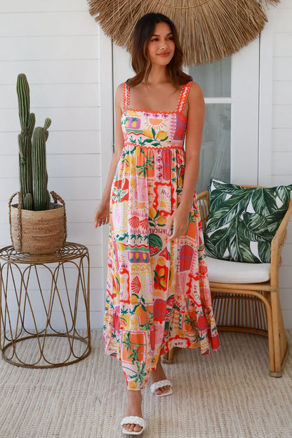 Ruby Ric Rac Maxi Dress - Summer Print