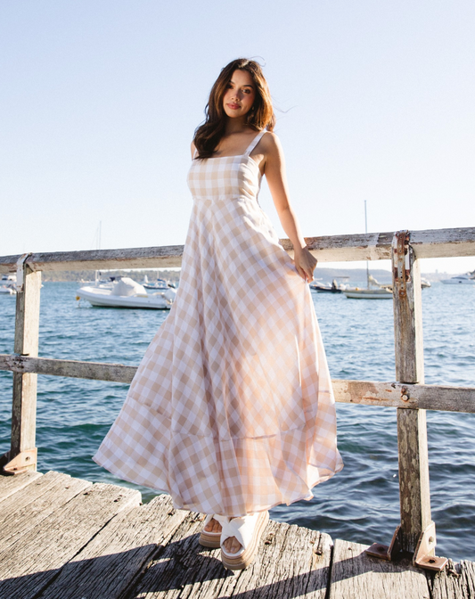 Halina Maxi Dress - Light Beige Gingham