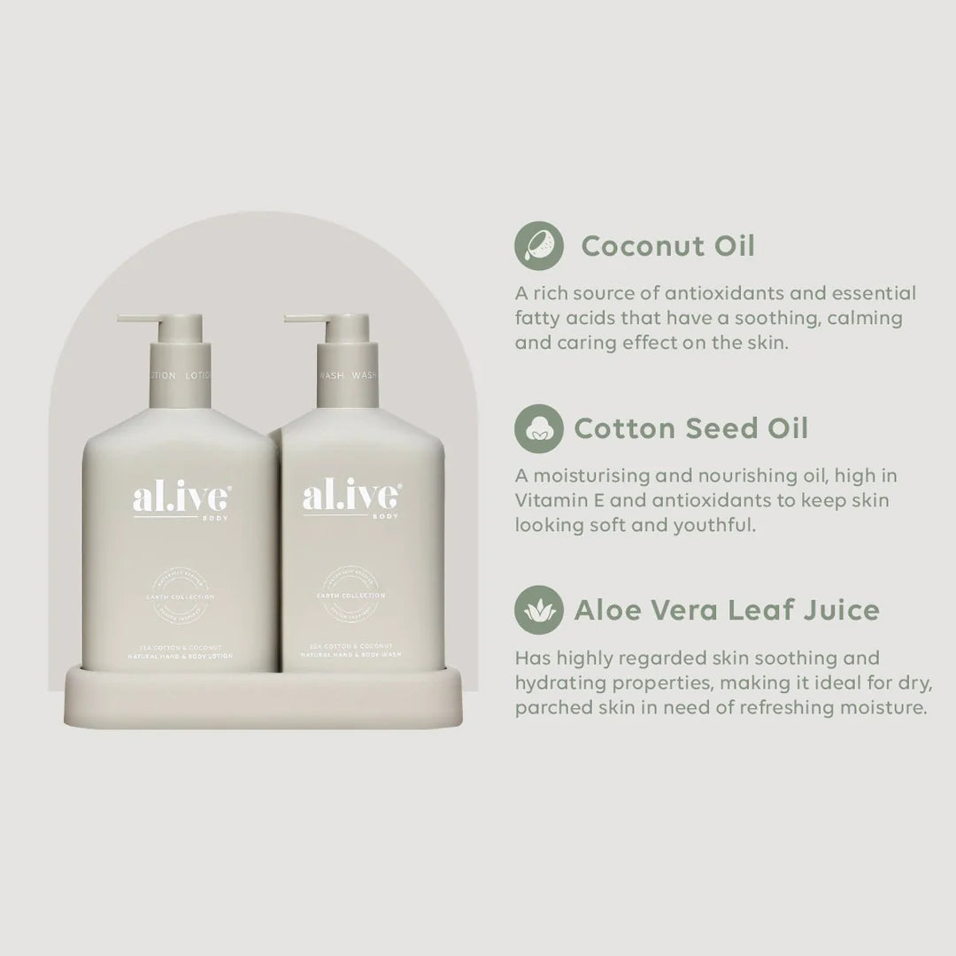 The al.ive body Raspberry Blossom & Juniper Hand & Body Wash/Lotion Duo contains a luxurious blend of naturally derived ingredients, fortified with essential oils and native botanical extracts.