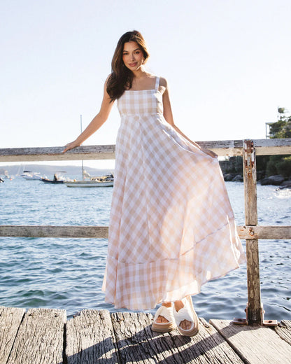 Halina Maxi Dress - Light Beige Gingham