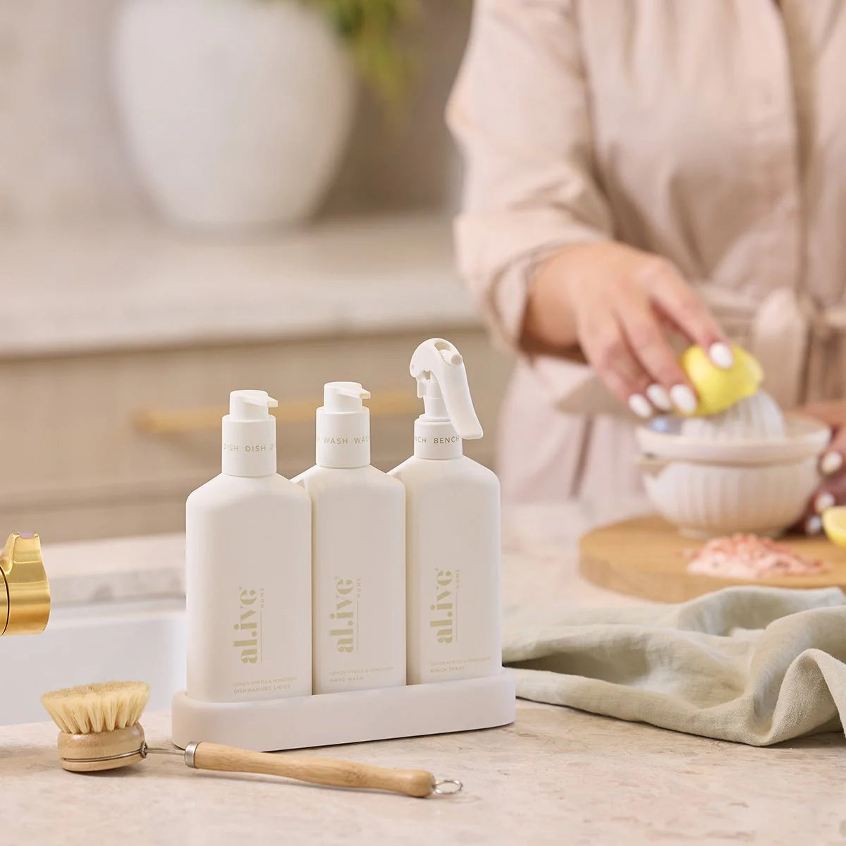 Cleanse your kitchen with our Honeydew Kitchen Trio! Includes 300ml of Lemon Myrtle &amp; Honeydew dishwashing liquid, hand wash, and bench spray in a stylish tray. Made in Australia with botanical extracts and essential oils, and free of palm oil. Plus, it's cruelty-free and vegan! (No more dish-aster!)