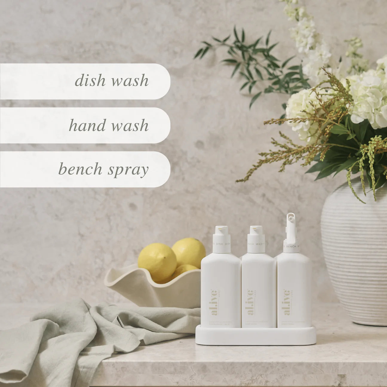 Cleanse your kitchen with our Honeydew Kitchen Trio! Includes 300ml of Lemon Myrtle &amp; Honeydew dishwashing liquid, hand wash, and bench spray in a stylish tray. Made in Australia with botanical extracts and essential oils, and free of palm oil. Plus, it's cruelty-free and vegan! (No more dish-aster!)