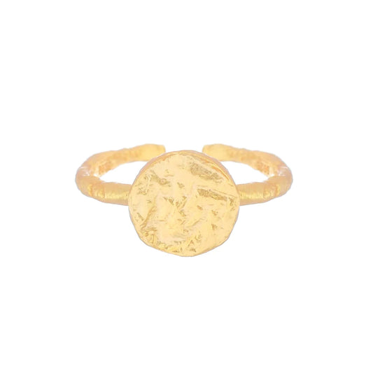 With our Imprint Ring in Gold , you can now easily adjust the ring size for the perfect fit! Made with hypoallergenic and nickel-free materials, it won't cause any skin irritation. Plus, its non-tarnish feature ensures long-lasting shine. Get this must-have accessory now!