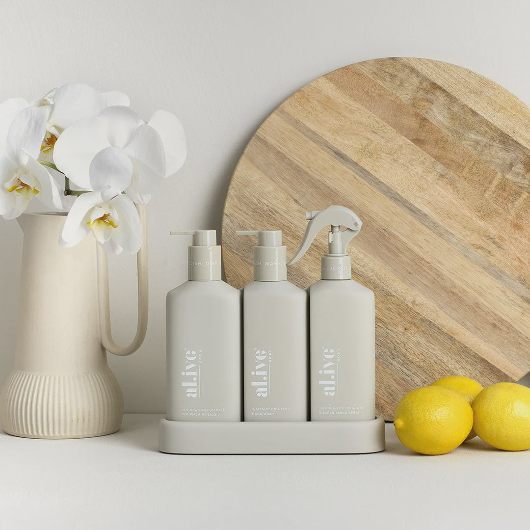 The al.ive body Dishwashing Liquid, Hand Wash & Bench Spray + Tray Premium Kitchen Trio is a beautiful yet practical product,  elegantly packaged to elevate your countertop.
