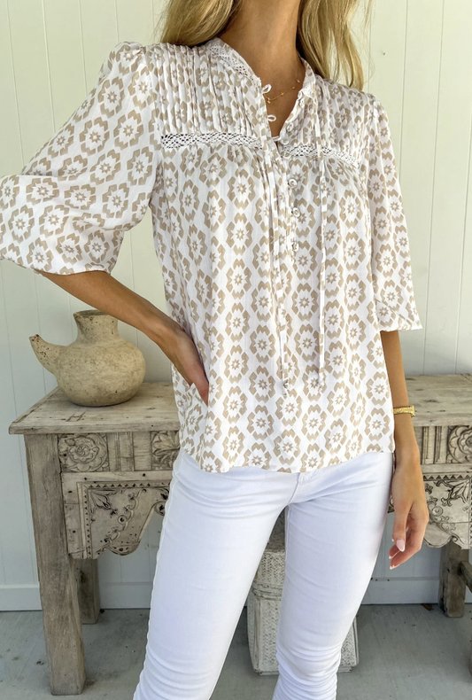 <p>Get whisked away in this fun and flirty blouse! With pleat and lace detailing, elasticated and balloon sleeves, and functional buttons, you'll feel stylish and comfortable all day long. (Warning: may cause frequent compliments and envious glances.)</p> <p>&nbsp;</p>