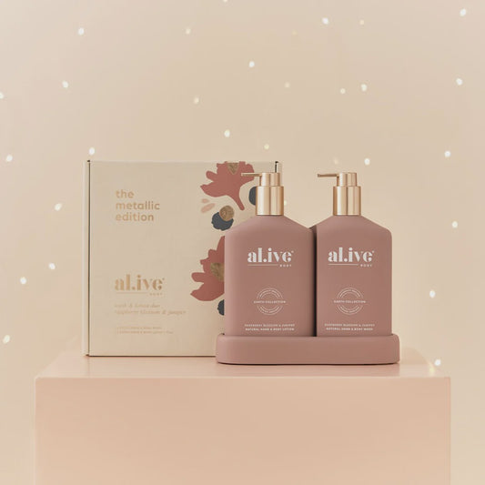The Raspberry Blossom & Juniper Body Wash/Lotion Duo from al.ive body is an exquisite mix of natural ingredients plus essential oils and native botanical extracts to pamper your skin! Enjoy this beautiful best selling duo in metallic for our Christmas edition
