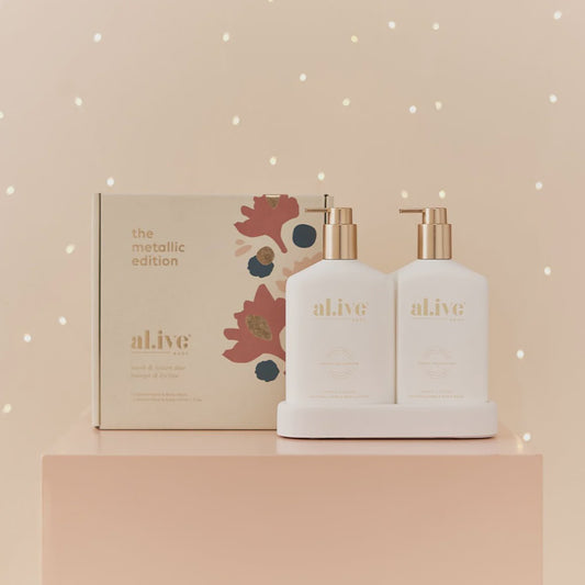 The Mango & Lychee Body Wash/Lotion Duo from al.ive body is an exquisite mix of natural ingredients plus essential oils and native botanical extracts to pamper your skin! Enjoy this beautiful best selling duo in metallic for our Christmas edition